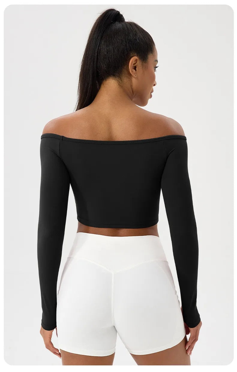 Women's Long-Sleeve Yoga Top Off-Shoulder T-Shirt Slim-Fit