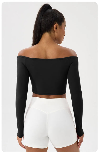 Women's Long-Sleeve Yoga Top Off-Shoulder T-Shirt Slim-Fit