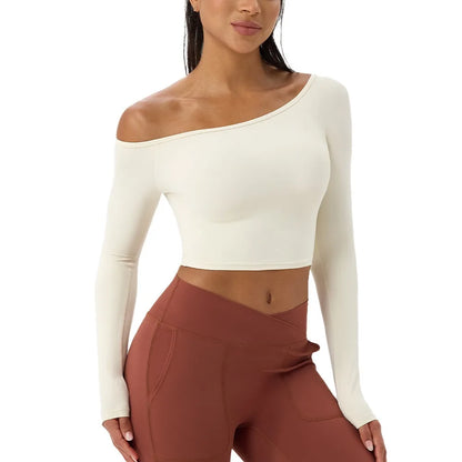 Women's Long-Sleeve Yoga Top Off-Shoulder T-Shirt Slim-Fit