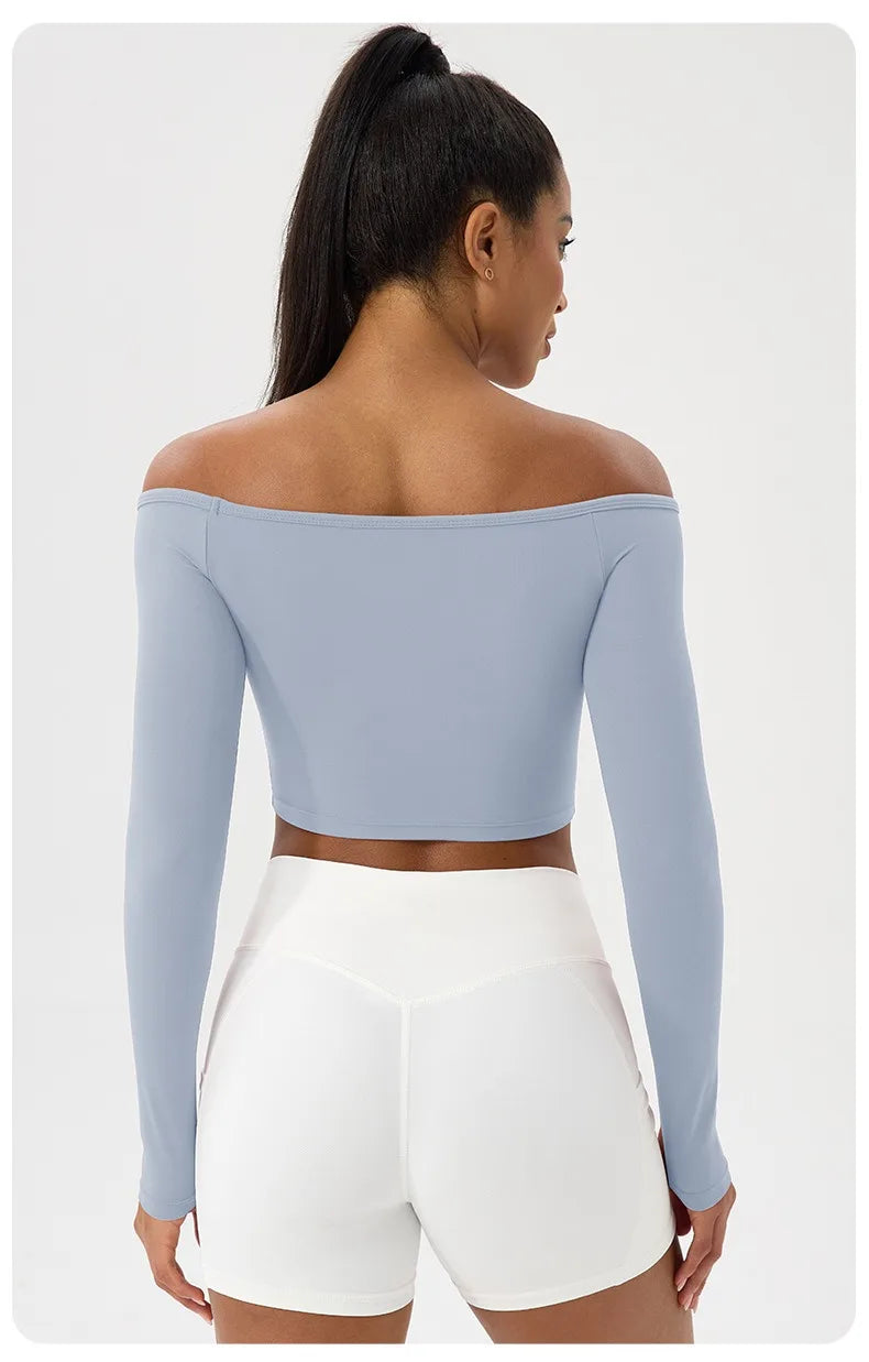 Women's Long-Sleeve Yoga Top Off-Shoulder T-Shirt Slim-Fit