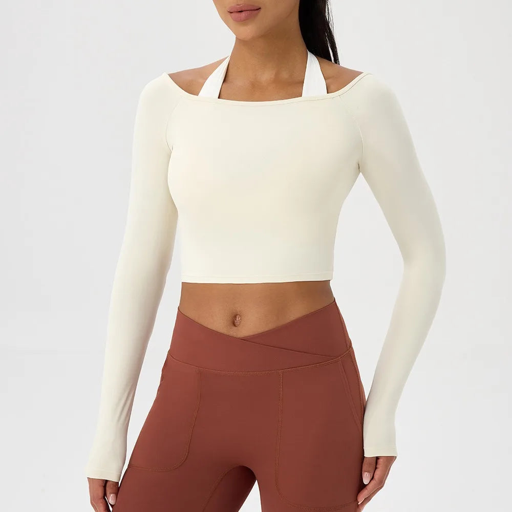 Women's Long-Sleeve Yoga Top Off-Shoulder T-Shirt Slim-Fit