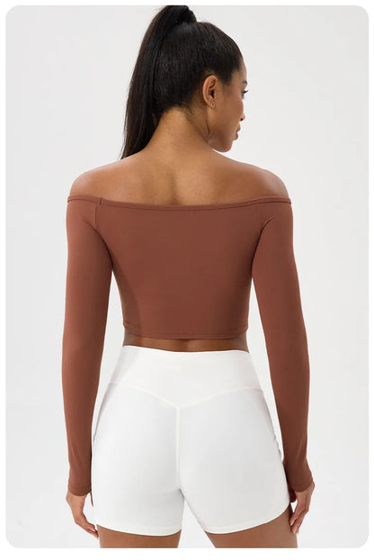 Women's Long-Sleeve Yoga Top Off-Shoulder T-Shirt Slim-Fit