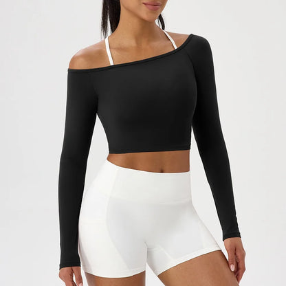 Women's Long-Sleeve Yoga Top Off-Shoulder T-Shirt Slim-Fit