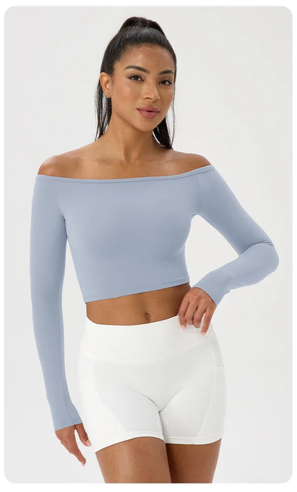 Women's Long-Sleeve Yoga Top Off-Shoulder T-Shirt Slim-Fit