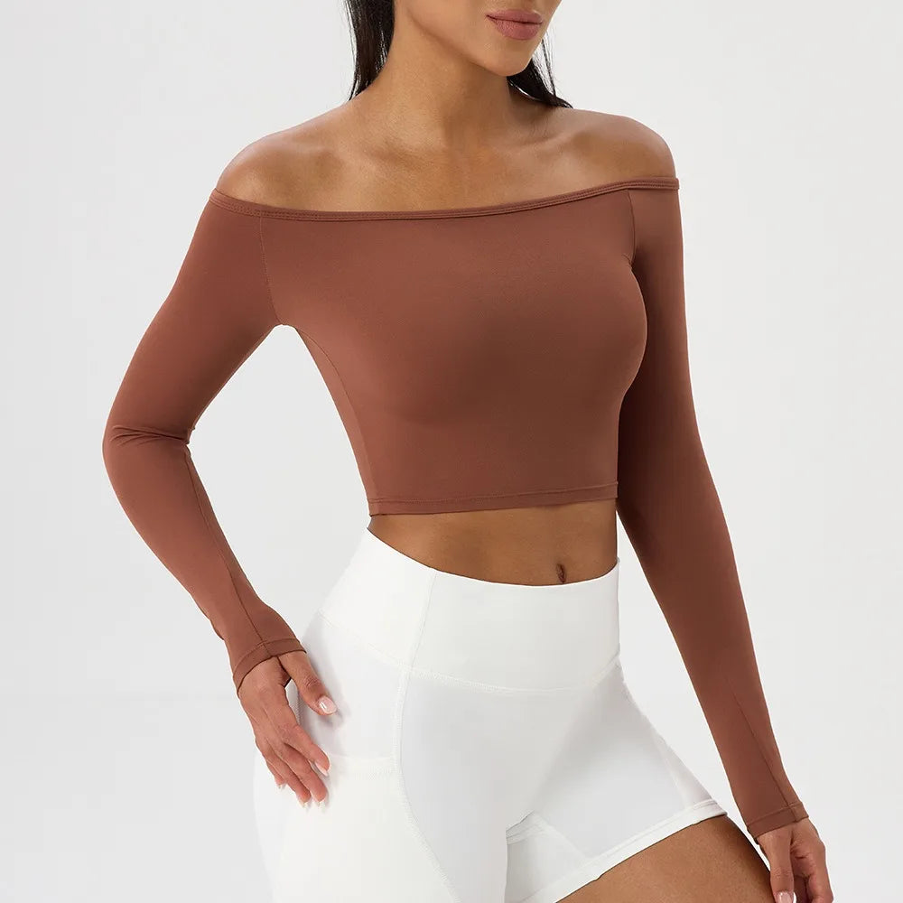 Women's Long-Sleeve Yoga Top Off-Shoulder T-Shirt Slim-Fit