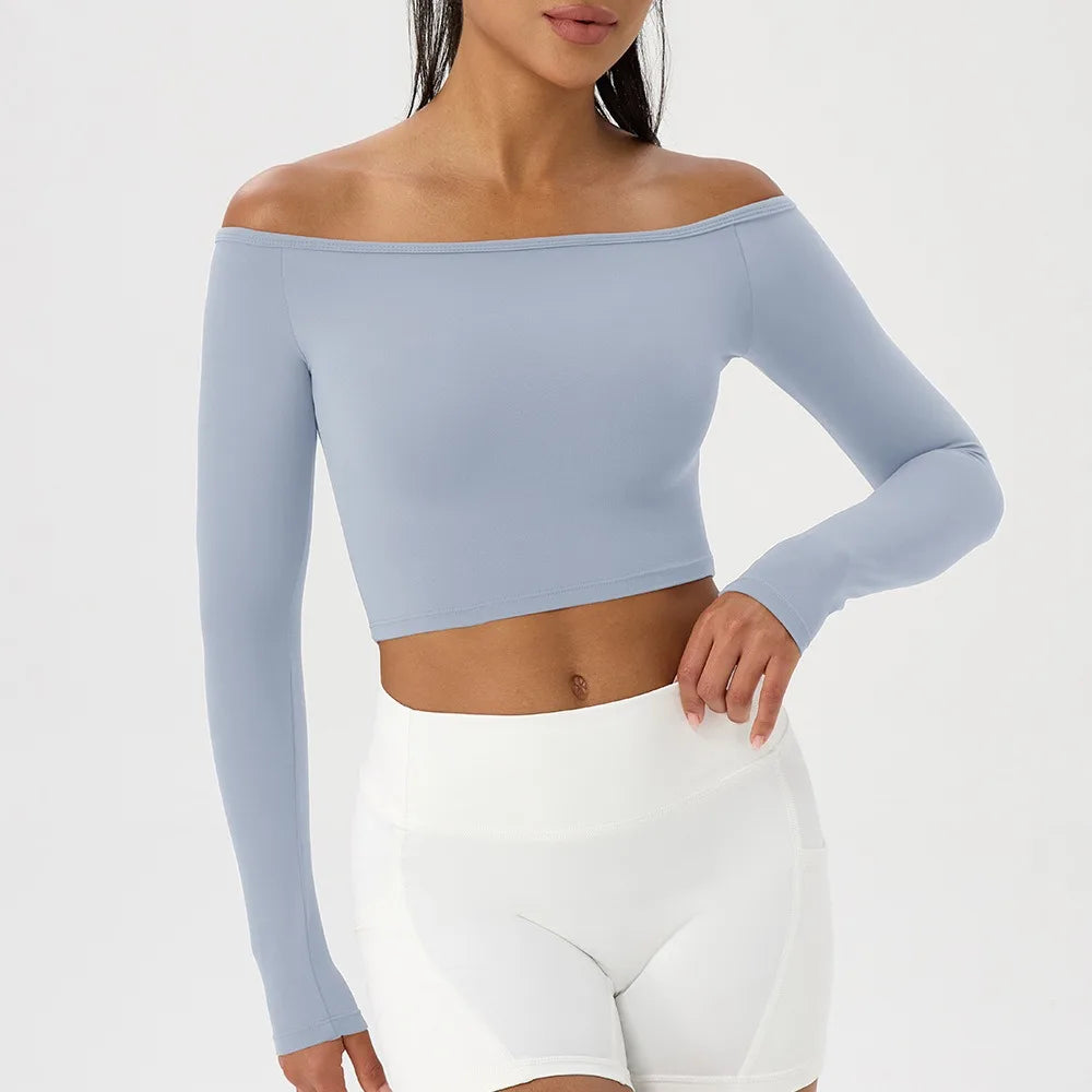 Women's Long-Sleeve Yoga Top Off-Shoulder T-Shirt Slim-Fit