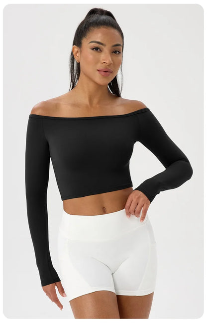 Women's Long-Sleeve Yoga Top Off-Shoulder T-Shirt Slim-Fit