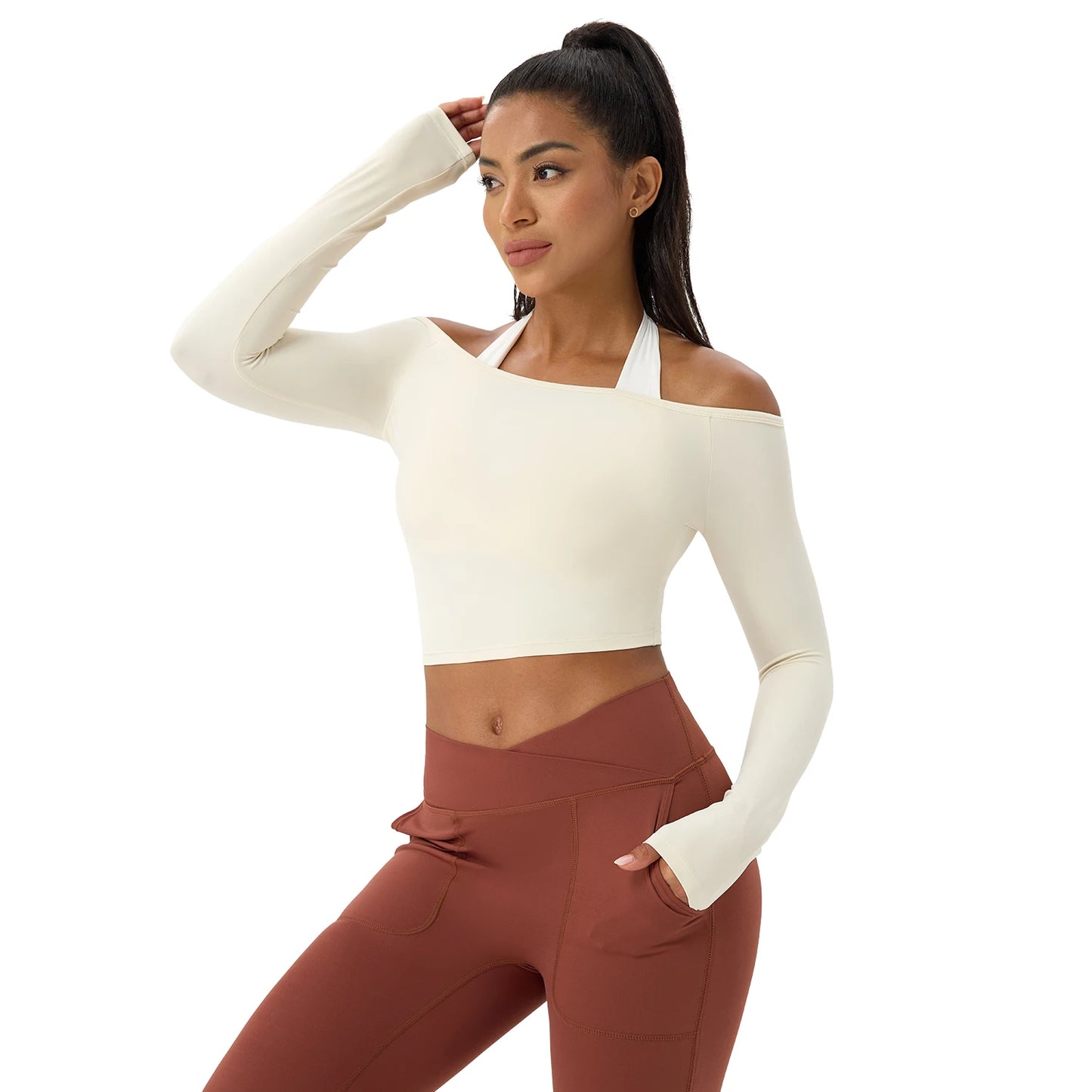 Women's Long-Sleeve Yoga Top Off-Shoulder T-Shirt Slim-Fit