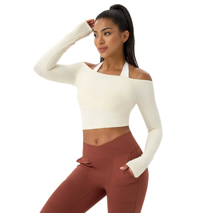Women's Long-Sleeve Yoga Top Off-Shoulder T-Shirt Slim-Fit