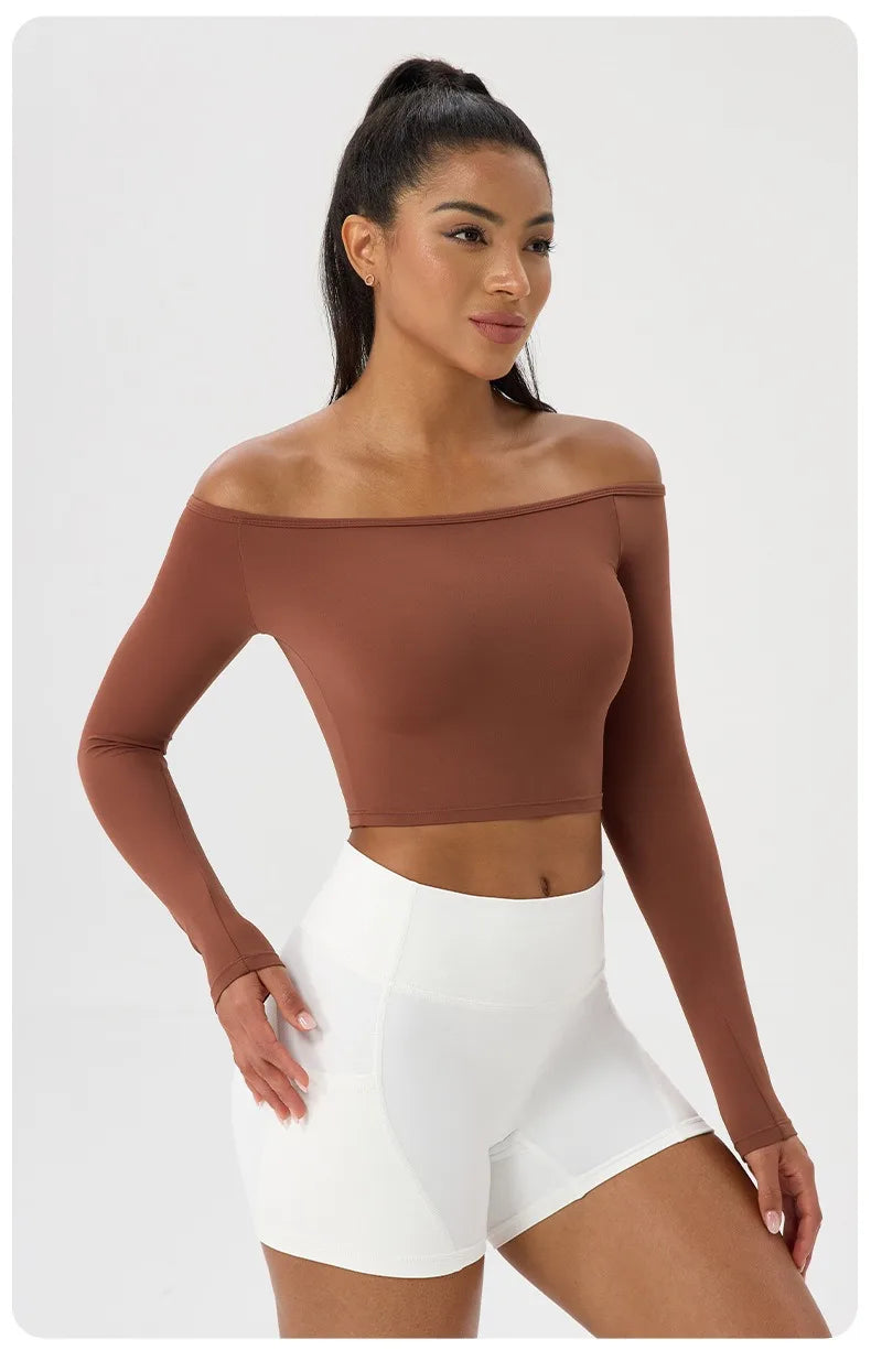 Women's Long-Sleeve Yoga Top Off-Shoulder T-Shirt Slim-Fit